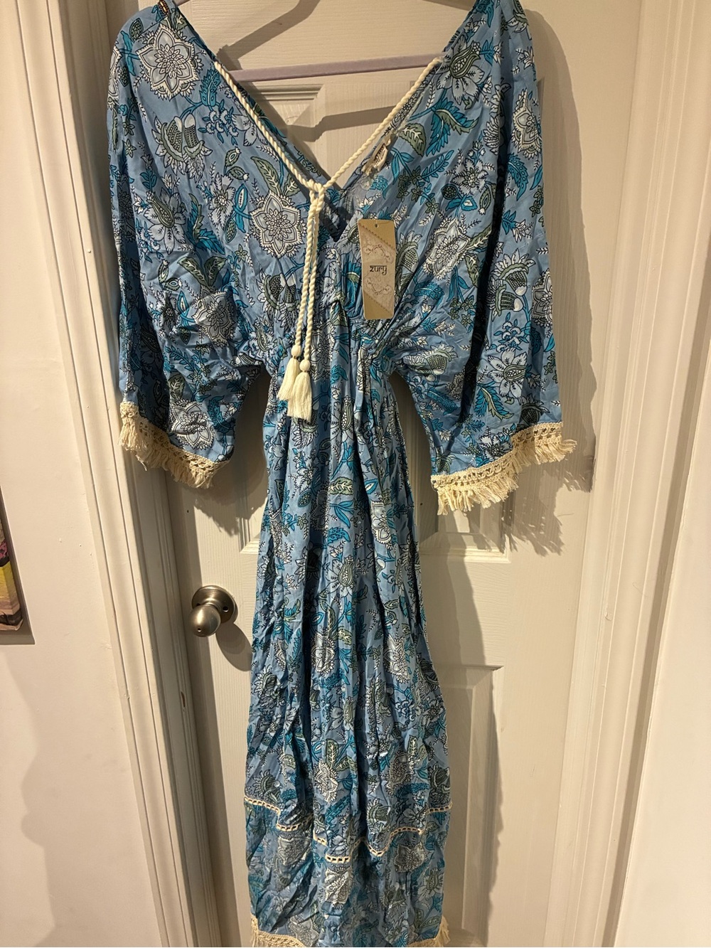 Blue Floral Maxi Dress with Tassel Tie - Unbranded